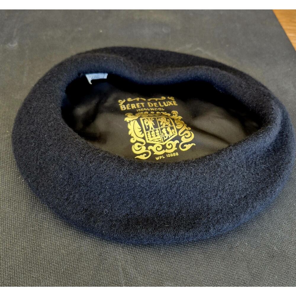 Vintage Beret De Luxe Black 100% Wool 10" WPL 10888 - Picture 3 of 9